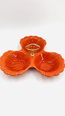 Vintage Mid Century Orange California Pottery Divided Server  Nut Dish Candy-image