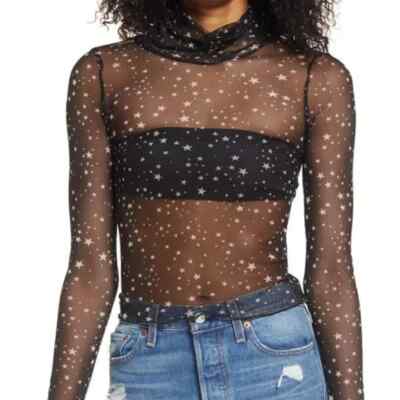 NWT La La Land Creative Co Turtleneck Stars Print Mesh Top Black Women Medium-image