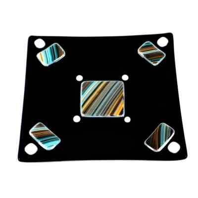 Mid-Century Modern Handmade Black Fused Art Glass Raised Turquoise/Brown/Orange-image