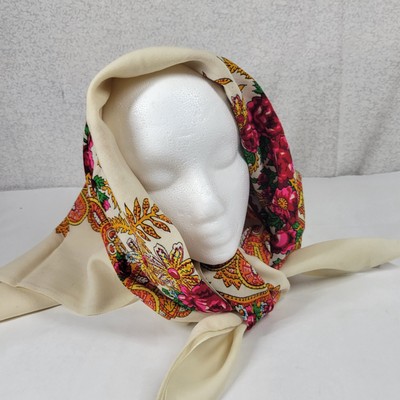 VTG 1960s Scarf Bright Mod Groovy Orange Floral Paisley 40×40 mid-century-image