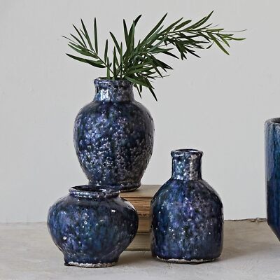 Creative Co-Op Decorative Terra-Cotta Vases with Crackle Glaze, Navy, Blue -image