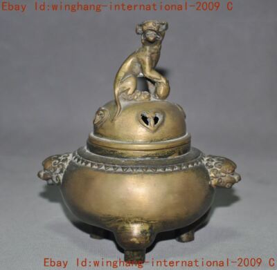 mark China Buddhism temple bronze lion beast Joss Incense burner Censer statue-image