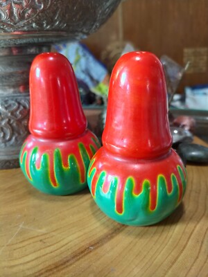 Vintage mid-century reddish orange, green drip glaze pottery salt pepper shakers-image