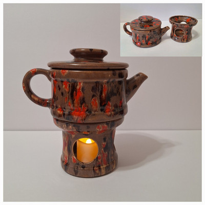 Mid Century Modern Artist Pottery 3-Pc Teapot Warmer Glazed Brown Orange Drip-image