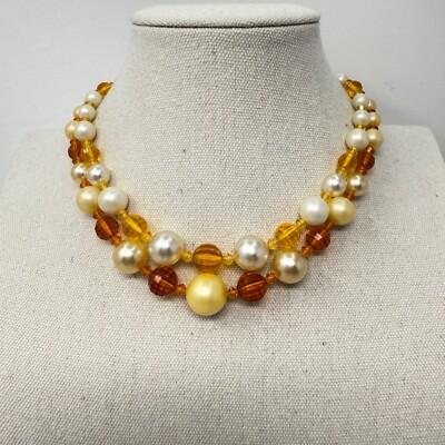 Vintage Beaded Choker Necklace Imitation Pearls Orange Faceted Mid-Century-image