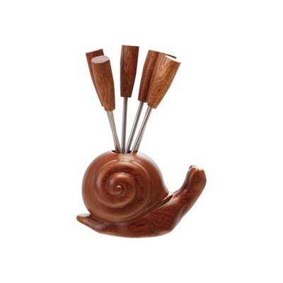 Creative Co-op Wood Snail Shaped Holder with 6 Appetizer Picks-image