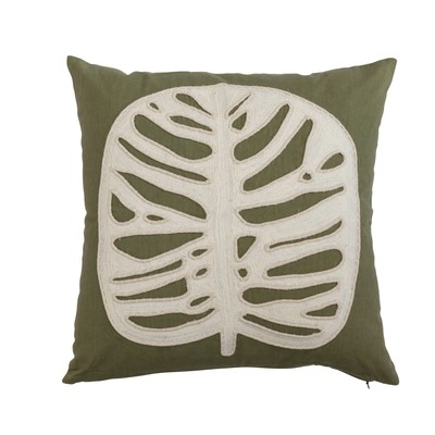 Cotton Pillow with Applique Leaf and Embroidery, Green and Cream, Square-image