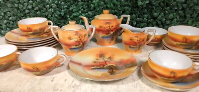 ASIAN MID CENTURY CHILDS TEA CUP SET ORANGE BLUE SUNSET TREES SET OF 21-image