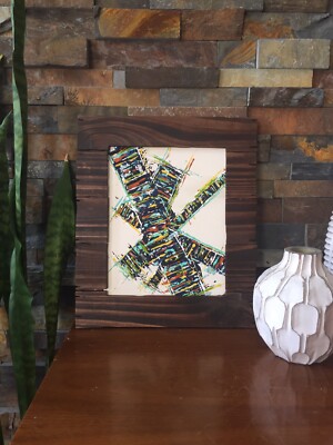Mid Century Modern Abstract Acrylic Painting Blue Orange Brown Green-image