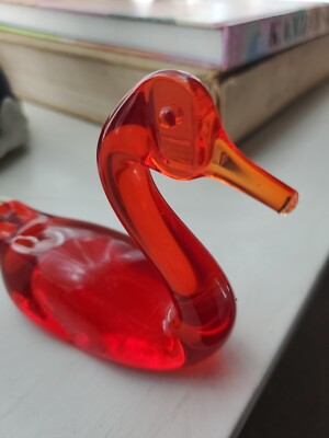 Little Glass Duck, Mid Century, 3” X 3”, Red Orange Very Cute!-image
