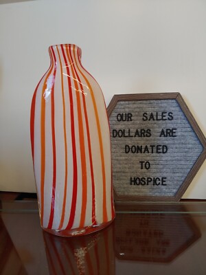 Vintage Mid Century Murano Striped Art Glass Vase Orange Red and White 14”-image