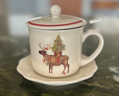 Christmas Mug Cup Saucer Strainer Lid Set Creative Co-Op Holiday Reindeer New -image