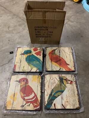 NIB NWT Creative Co-op 4-piece Bird Plaque Decoration By Gosia Gajewska-image