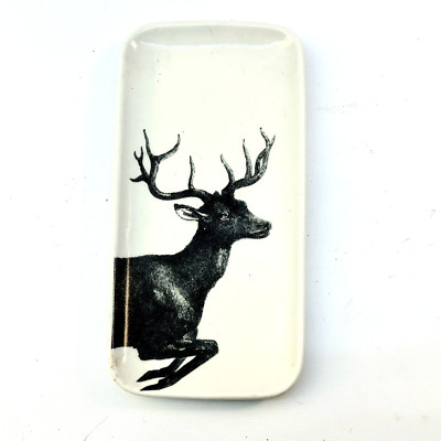 Creative Co-Op Stoneware Deer Dish Holiday Spoon Rest Trinket 8x4” Black & White-image