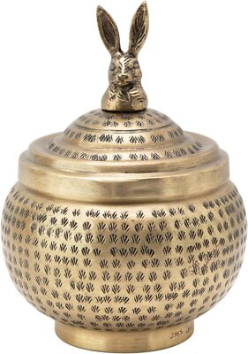 Brass Round Hammered Metal Container with Lid & Rabbit Finial on Top Organizer-image