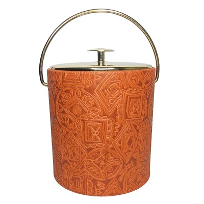 Vnt 70s West Bend Ice Bucket Mid Century Modern Faux Tooled Leather Barware-image