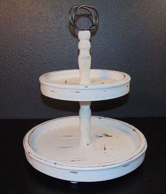 Distressed Wood 2-Tier DisplayTray with Metal Handle Cream Wooden Decor EC0125-image