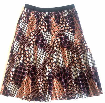 Trina Turk Skirt Sz 6 Orange Multi-Color Black Waistband Pleated Women’s 6 EUC-image