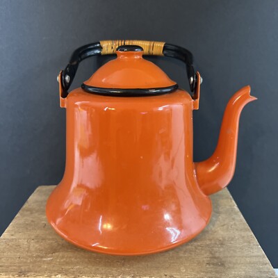 VINTAGE MID CENTURY OTTO BRIGHT ORANGE TEA KETTLE POT WITH HANDLE FARMHOUSE-image