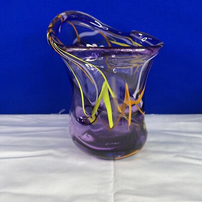 Mid-Century Modern Murano Italian Purple Glass Green/Orange Swirl Vase-image