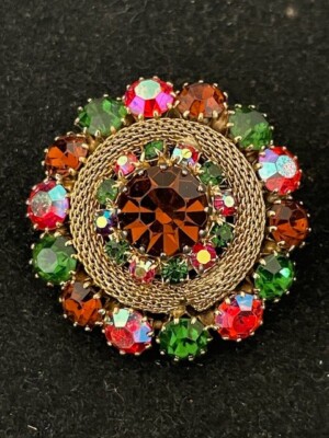 WEISS Brooch Vintage Orange Rhinestones Gold Tone Mesh Circle Pin Mid Century-image