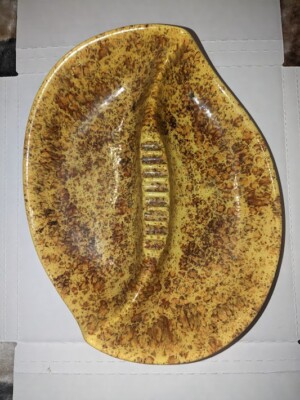 Vintage Mid Century Drip Glaze Retro Yellow Brown Orange Large Pottery Ashtray-image