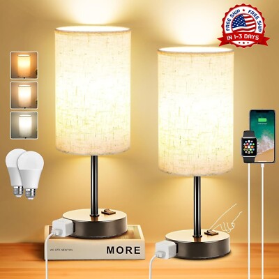2 Lamparas De Mesa De Noche Luces Retro Gris Con Puerto USB Sala Dormitorio Coci-image