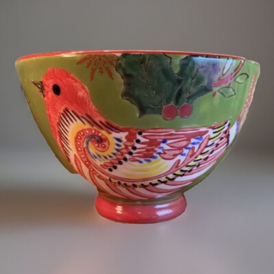 Creative Co-Op Red Bird Holly Snowflakes Bowl Christmas Cardinal Kate McRostie-image