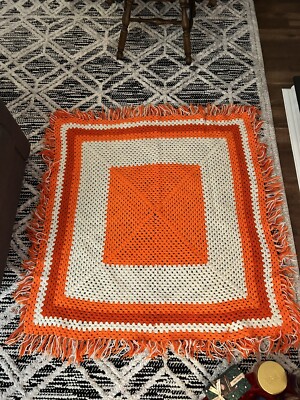 Vintage Two-tone Orange Afghan Blanket With Fringe-image