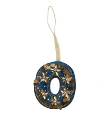 Creative Co-Op Monogram Initial Blue Velvet Beaded Ornament Letter 