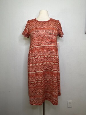 NWT LuLaRoe Carly Burnt Orange Tan Geometric Print Front Pocket Dress Sz XS-image