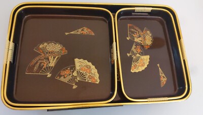 Vtg Oriental Mid Century Fans Floral Landscape Brown/Orange/Gold Sparkle 3 Tray -image
