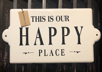 CREATIVE CO-OP Enameled Wall Plaque ‘THIS IS OUR HAPPY PLACE’ White & Black-image