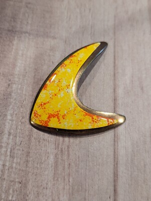 Mid Century Boomerang Brooch Orange Yellow Metal Vintage-image