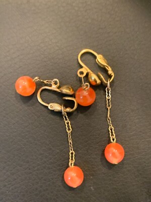 Mid Century Dangling Goldtone Clip on Earrings with Orange Beaded Stones-image