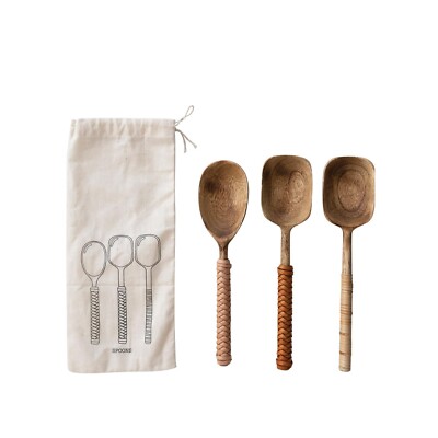 Creative Co-Op Mango Wood Spoons with Bamboo and Leather Wrapped Handles, Set...-image