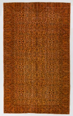 5.8x9.5 Ft Mid-Century Floral Area Rug Re-Dyed in Orange, Handknotted in Turkey-image
