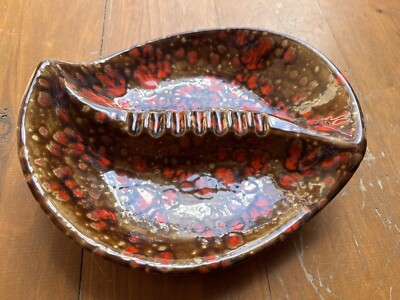 MCM orange lava dots ceramic ashtray mid century modern marked J.B-image