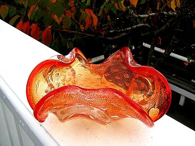 MID CENTURY ORANGE  MURANO ASHTRAY/BOWL: Controlled Bubbles,Silver Aventurine,6