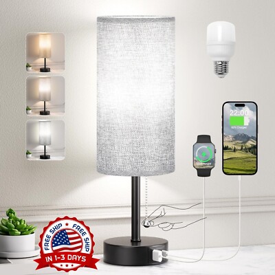 Lamparas De Mesa De Noche Luces Retro Gris Con Puerto USB Sala Dormitorio Coci-image