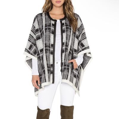 Sam Edelman Joss Plaid Cape in Cream Black Poncho Full Zip Size Small NWT-image