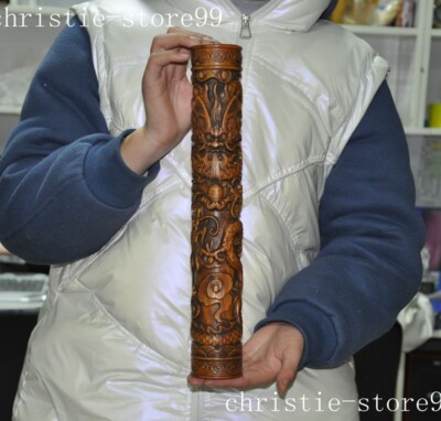 old China Boxwood wood carved Dragon statue incense candles stick Joss cylinder-image
