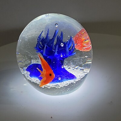 Vintage 2 Orange Angel Fish Glass Paperweight Focus around Blue Coral in sphere-image