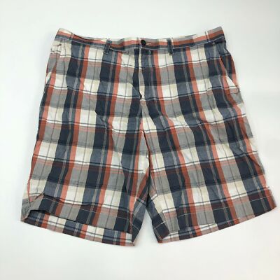 Sonoma Chino Shorts Mens 40 Orange Tan Navy Flat Front Cotton Plaid Slash Pocket-image