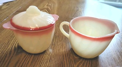 Rare Mid Century Fire King Sunrise Swirl Orange Red Creamer & Covered Sugar Bowl-image