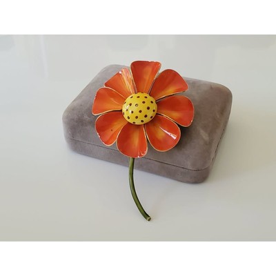 Vintage Mid-Century Orange Enamel Metal Flower Brooch-image