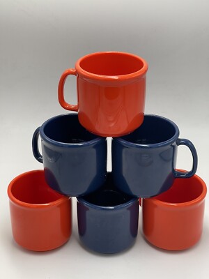 Mid-Century Handled Plastic Cups Mugs Set Of 6-3 Orange 3 Navy 8 oz (3 NWT)-image