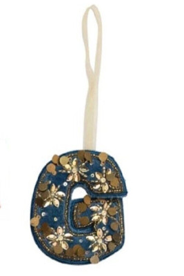 Creative Co-Op Monogram Initial Blue Velvet Beaded Ornament Letter 
