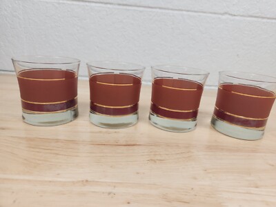 4 MCM Cranberry Burnt Orange Gold Barware Cocktail Mid Century Onbthe Rocks-image