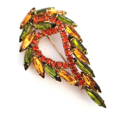 Orange Green Rhinestone Brooch Navette Wreath Teardrop Mid Century Unsigned VTG-image